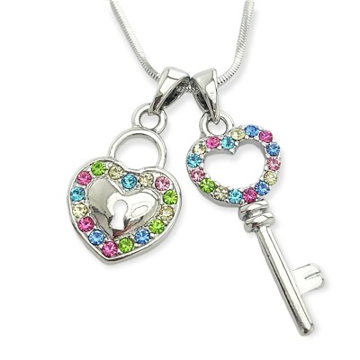 Key Heart Lock Pendant Made With Swarovski Crystal Chain Multi