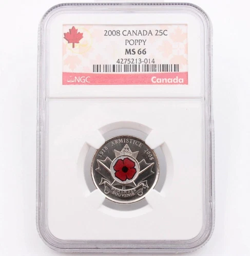 2008 Canada 25 cent Poppy NGC MS66 Colorized