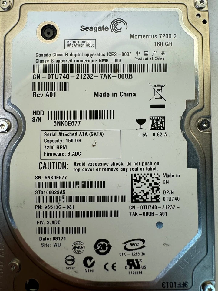 DELL TU740 ST9160823AS 9S513G-031 160GB 7.2K RPM 8MB CACHE 3Gb/s SATA 2.5" HDD - Image 2 of 4