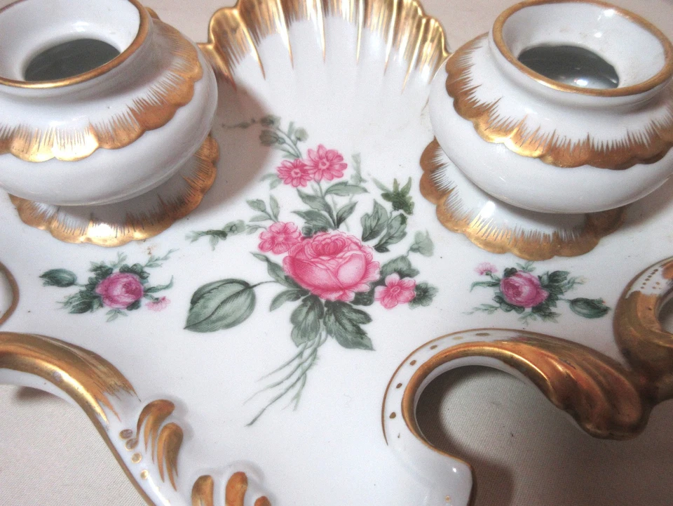 Tintero de escritura de porcelana Unterweissbach vintage pintado a mano floral dorado ornamentado Foto 4 de 4