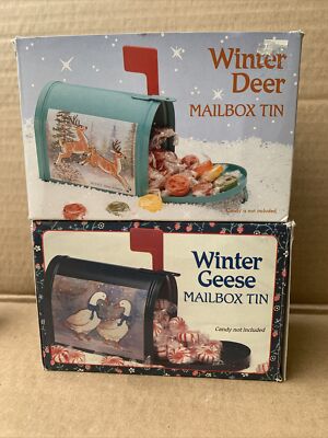 CHRISTMAS TIN MAILBOX w/ FLAG~Great For Candy~ NEW In Boxes - A