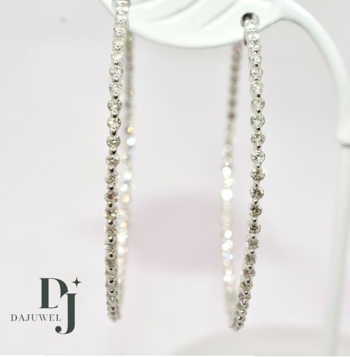 Solid 14K White Gold Moissanite Inside Out Hoop Earrings 2 Carat Round Cut VVS1 - Picture 2 of 7