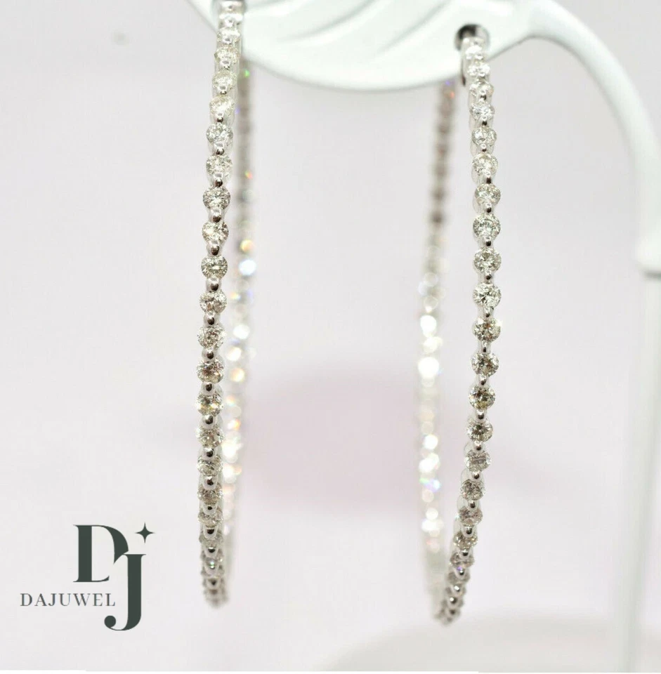Solid 14K White Gold Moissanite Inside Out Hoop Earrings 2 Carat Round Cut VVS1 - Image 2 of 4