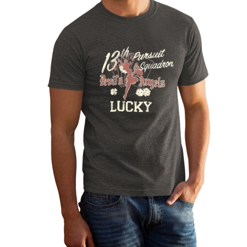 VINTAGE FEEL - Lucky Devils Angels, Faded Grey Color, Quote T-Shirt 102756GG - Afbeelding 1 van 4