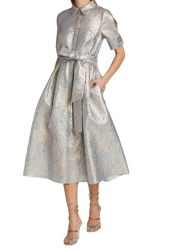 Teri Jon by Rickie Freeman Shot Slit Sleeve Metallic Jacquard Shirt Dress (s.22)