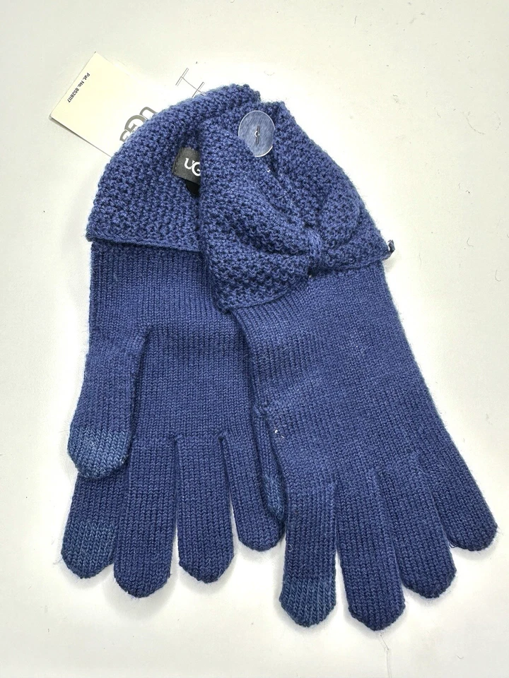 UGG 女式 Navy Knit Bow Tech 手套羊毛混纺 O/S - 全新带标签 — 第 2/4 张图片