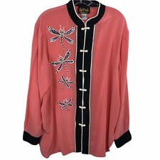 Bob Mackie Dragonfly Pink Mandarin Collar Silk Blouse Art To Wear Womens Size XL