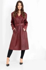 Women Maroon Leather Trench Parker Gothic Penny Lane Long Coat Genuine Leather