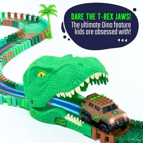 Dinosaur Jurassic Race Track Glow Set - 144 Pieces with Battery-Powered Vehicles - Picture 5 of 11