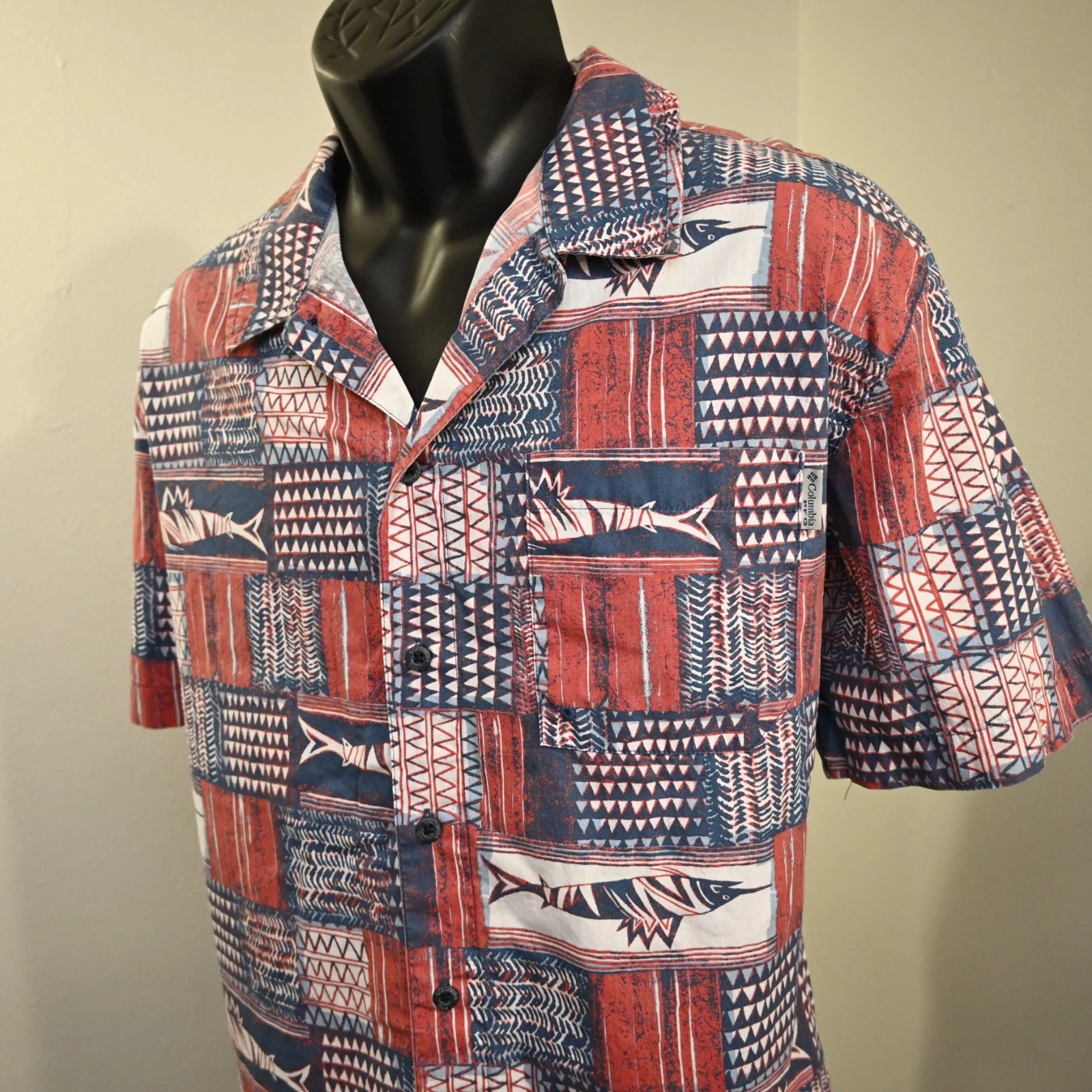 Columbia PFG Vented Fishing Shirt Aztec Fish Short Sleeve Button Up Mens Large