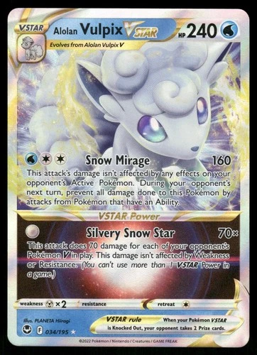 Alolan Vulpix VSTAR 034/195 Holo VSTAR Rare Silver Tempest Pokemon Near Mint