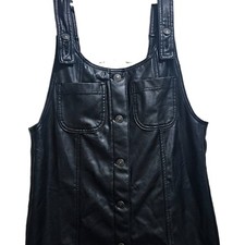 American Eagle Black Faux Leather Overall Mini Dress Button-Front Pockets S