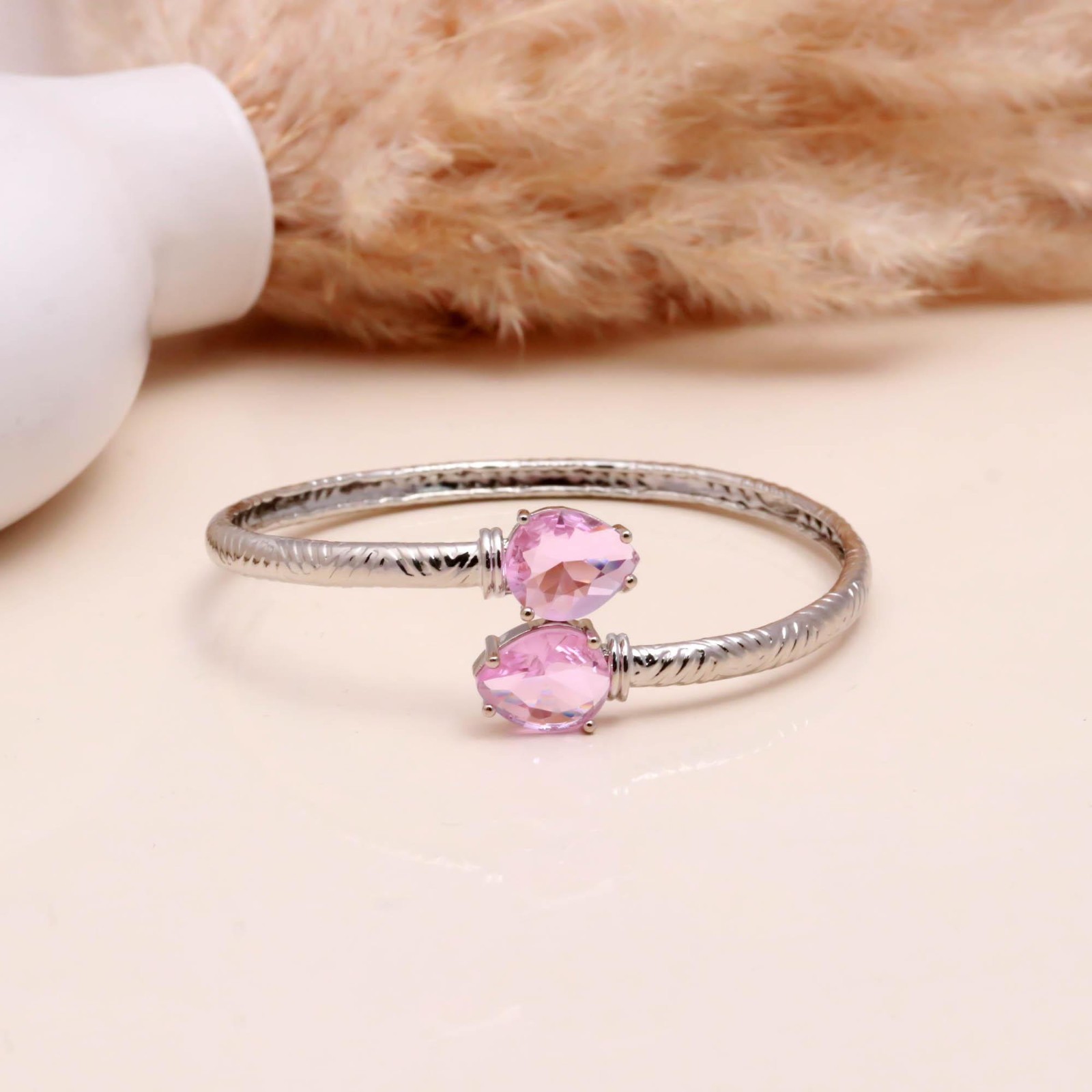 Pink Sapphire Open Cuff Bracelet, Sterling Silver Adjustable Gemstone Bangle