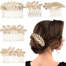 5 PCS Leaf Hair Side Combs Gold Rhinestone Hair Comb Clips with Teeth Wedding He