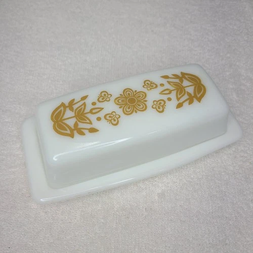 Vintage 70s PYREX Butterfly Gold Butter Dish White Milk Glass