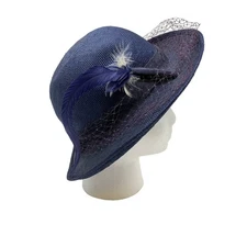 Vintage Gwenn Pennington Bretton Hat Blue Feather Mesh Detail *AS IS