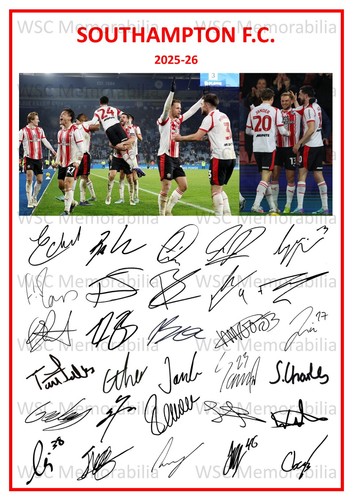 12234. 2025-26 Southampton Signed Team Photo Sheet (PRINTED AUTOGRAPH - A4)