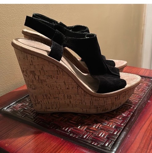 Elizabeth and James Leather Platform Wood Wedge Black Sandal Size 9 - Picture 3 of 6