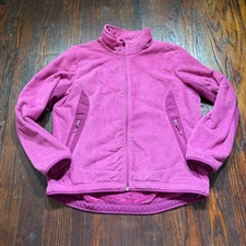 LL Bean Jacket Womens Large Petite Pink Fleece Full Zip Topography Design VTG
