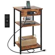 End Table with Charging Station, Small Night Stand with 3 Storage Shelves, Si...