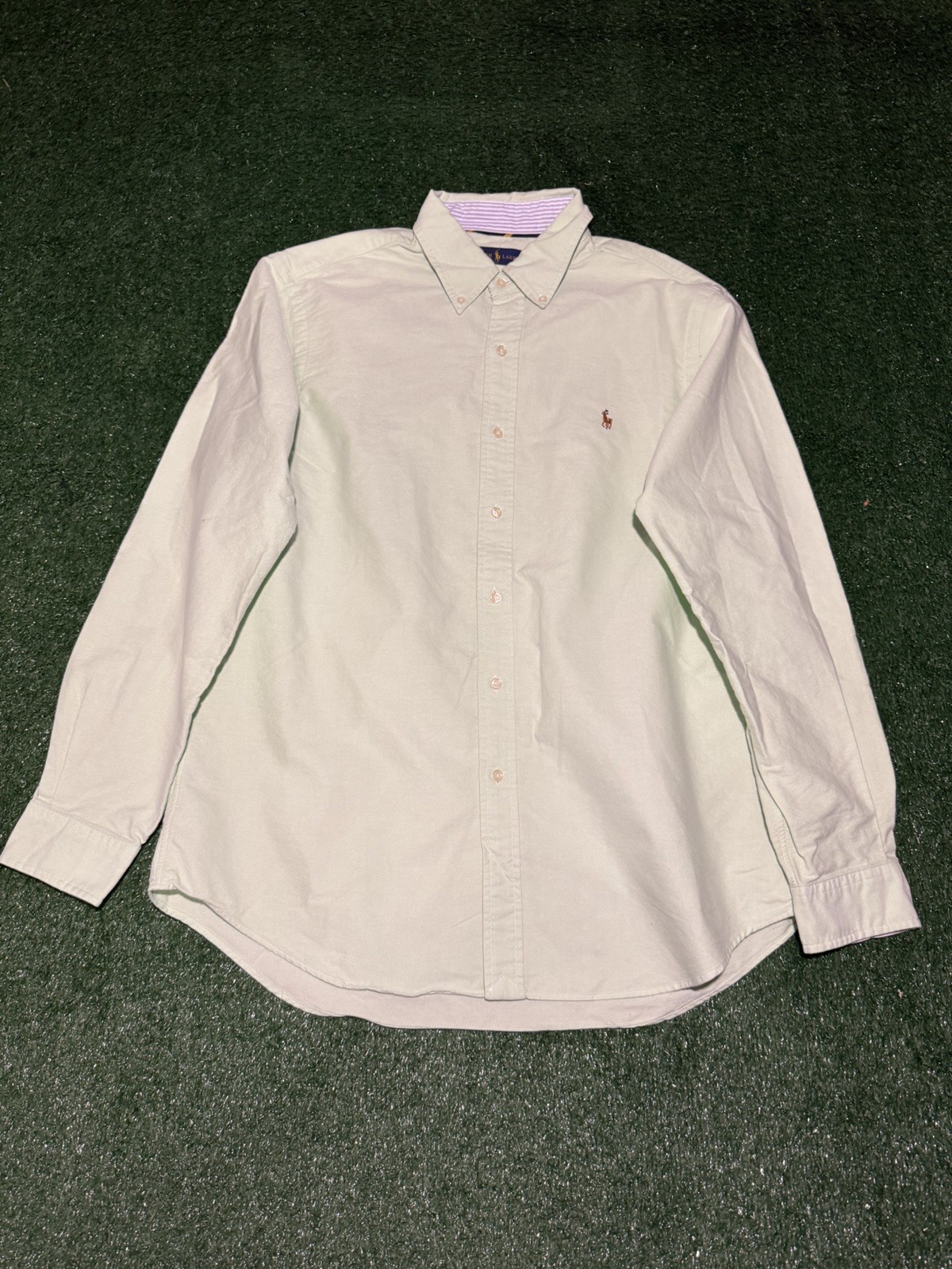 MENS USED VINTAGE POLO RALPH LAUREN LIGHT DARK GREEN BUTTON UP SHIRT SIZE LARGE