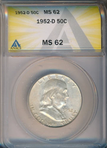 1962-D FRANKLIN SILVER HALF DOLLAR **ANACS CERTIFIED MS 62** SHIPS FREE!!
