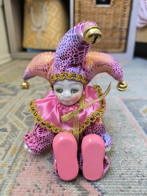 Vintage Ji Shen Porcelain Jester Doll Pink & Gold Clown w/ Bells Seated