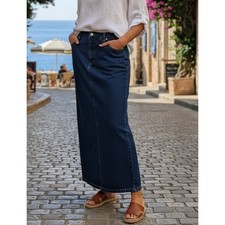 Vintage Newport News Jeanology Denim Maxi Skirt Slit Size 14 Blue Dark Wash Y2K