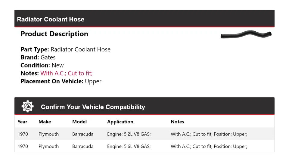 Manguera de refrigerante para radiador Plymouth Barracuda 1970 puertas superiores Foto 2 de 4