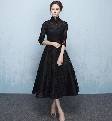 Chinesischer Stil Spitze Blumen Langarm schwarz Kleider Damen formell Cocktailkleid - Bild 7 von 17