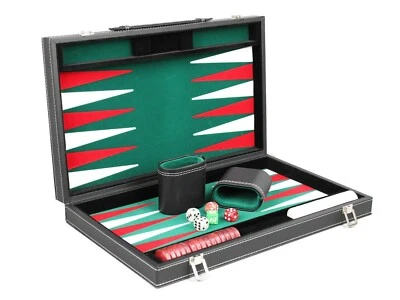 CHESSGAMMON BACKGAMMON SET LEATHER TRAVEL MALACHITE GREEN INLAID VELVET CASE GAME SET 18"