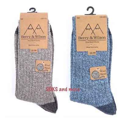 * 4 PAIRS * MENS BERRY & WILSON CHUNKY WOOL BOOT SOCKS ** SIZES 6-8.5 & 9-12 **