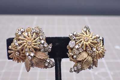 Miriam Haskell Earrings Gold Tone Floral Clear Rhinestone Clip