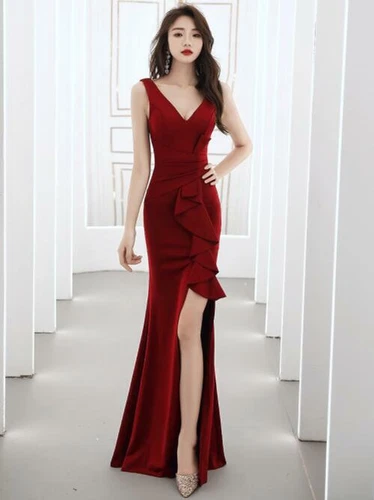Damen hübsches langes Abendkleid V-Ausschnitt Fischschwanz Cocktail Ballkleid - Bild 4 von 23