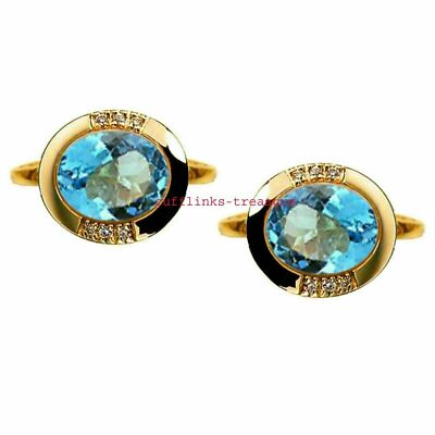 Natural Blue Topaz & CZ Gemstones 925 Sterling Silver Gold Plated Cufflinks #C66