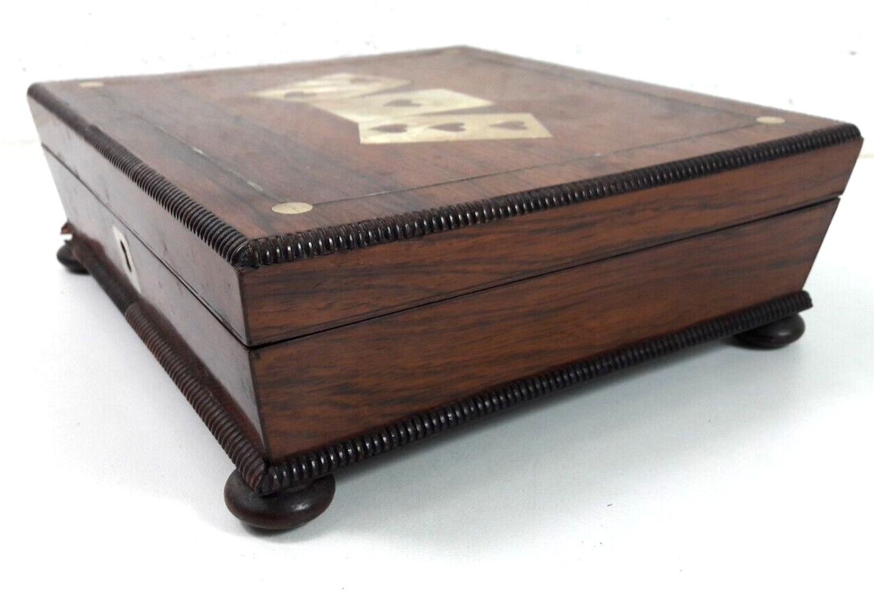 Vintage Wooden Playing Card Box inlaid w Mother of Pearl & Cards eBay