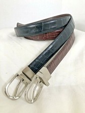 2-TWO Chaps L Black Brown Leather 1" Embossed Silvertone Buckle Reversible Belts