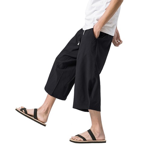 Men's Capri 3/4 Pants 4 Pockets Linen Cotton Shorts Baggy Loose Fit Casual Yoga - Picture 23 of 62