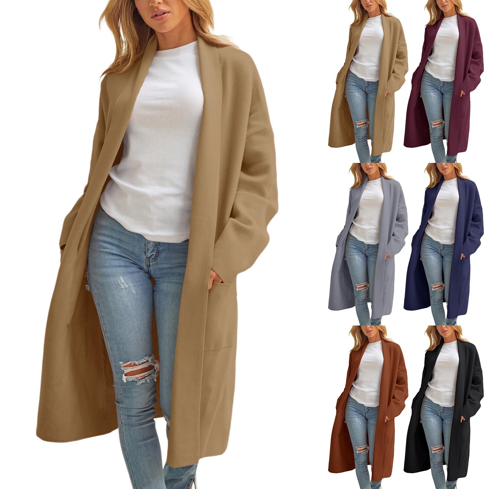 Para mujeres Elegante Informal Color Liso Solapa Bolsillo Botones Chaqueta Suelta Abrigo Cárdigan