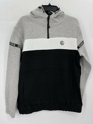 Soul Star Jacket Mens Medium Quarter Zip Black Gray Hooded Pullover Y2K Casual