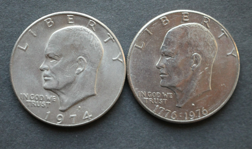 Eisenhower dollar lot of 2 coins/1974D_1976D/EF-AU, FREE SHIPPING!