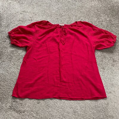 Como Blu Blouse Womens 2XL Red Neck Tie Eyelet Short Sleeve Rayon Casual Top