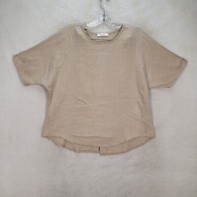 Beige Flax Rayon Light Round Neck Casual Boho Blouse Monologue Womens Top Size L
