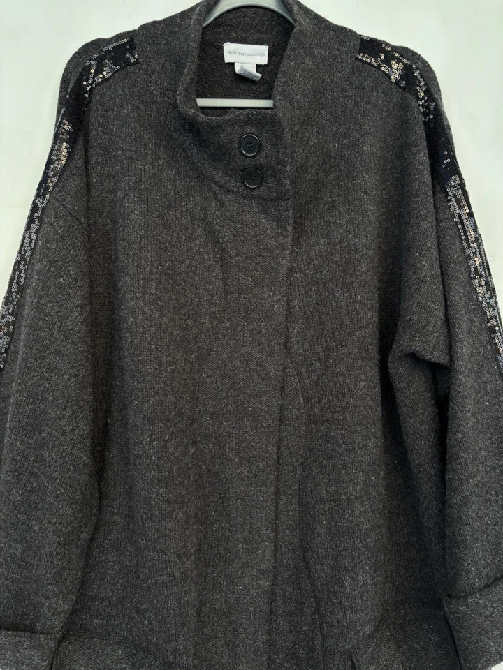 Soft Surroundings Merino Wool Cardigan Duster Jacket Gray Size 1X Sequin Pocket - Image 2 of 4