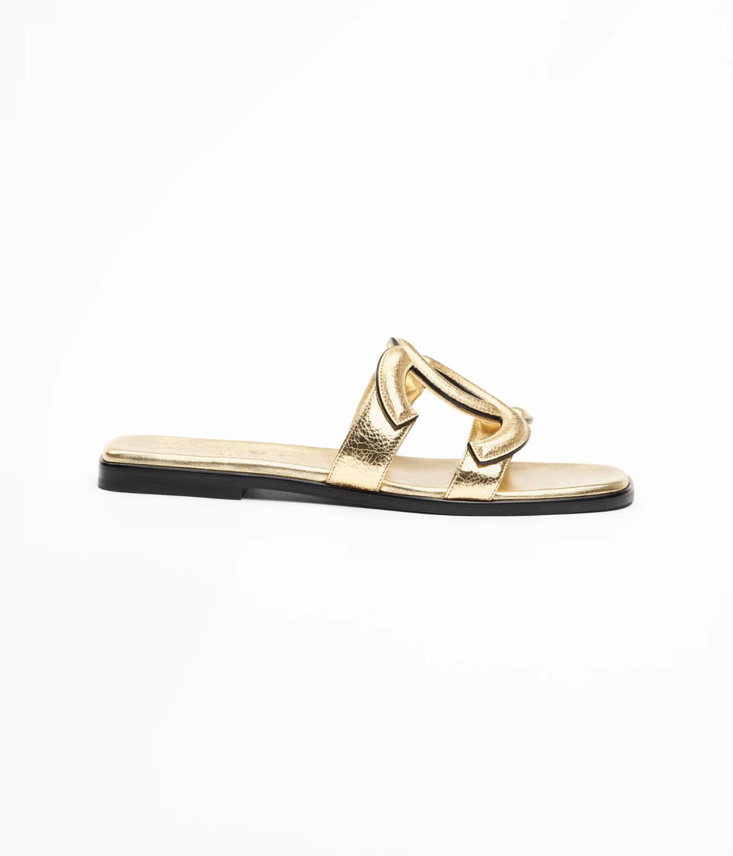 Chanel 26S Golden Gold Cracked Leather XL CC Logo Mules Slides