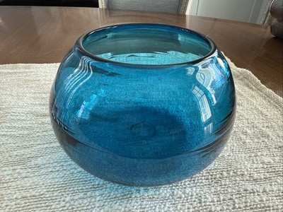Vtg 60 s - 70 s Turquoise Aqua Blenko Art Glass Round Fish Bowl Vase From Greece