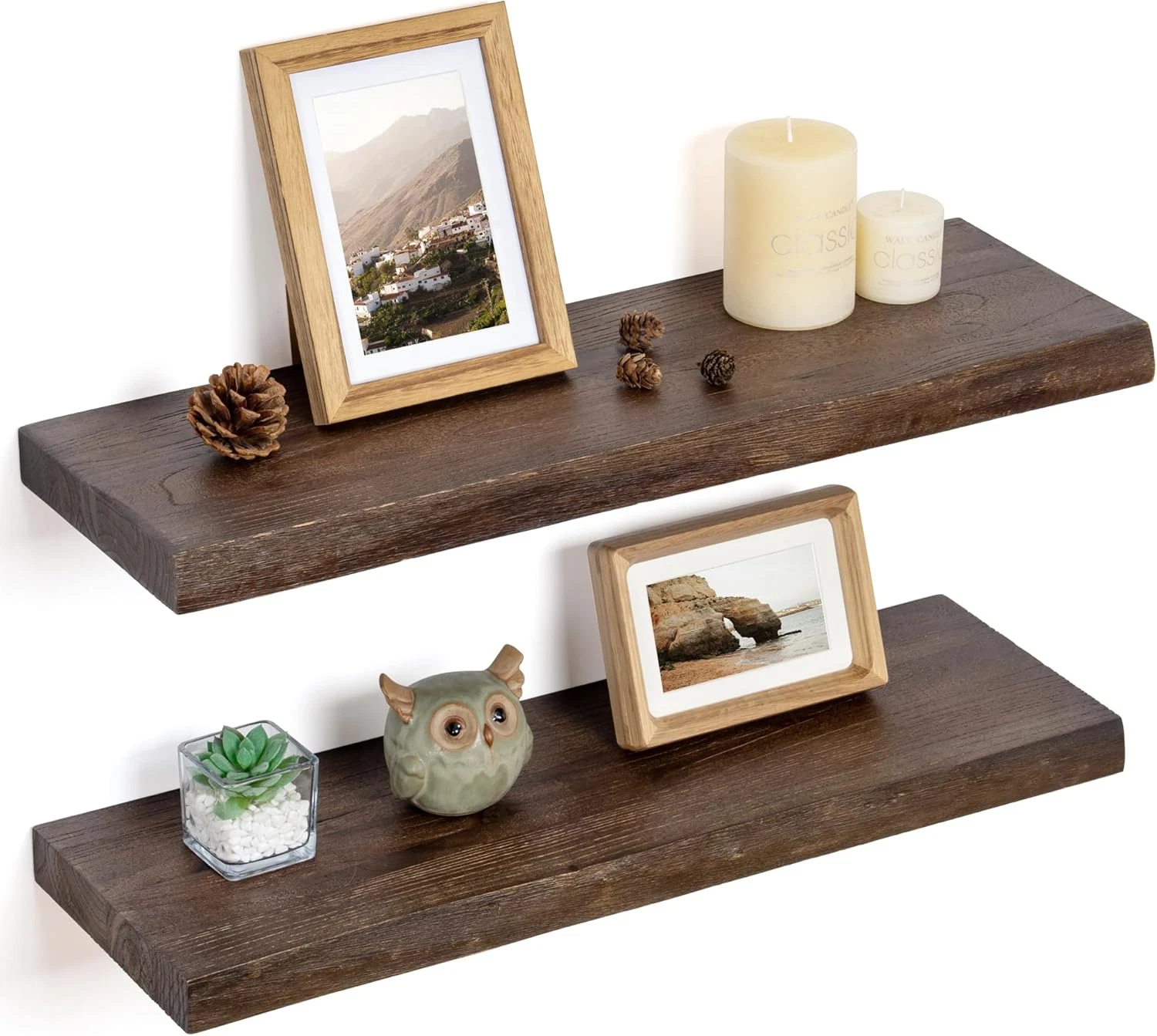 Rustic Elm Wood Floating Shelves, 24" Set of 2, Wall Mounted, Walnut Finish