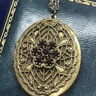 Vintage Victorian Filigree Red Stone Flower Locket Pendant & Necklace 23”