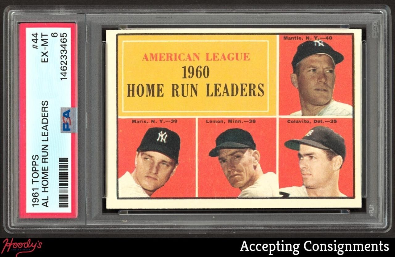 1961 Topps #44 AL HR Leaders Mickey Mantle, Roger Maris, Lemon, Colavito PSA 6