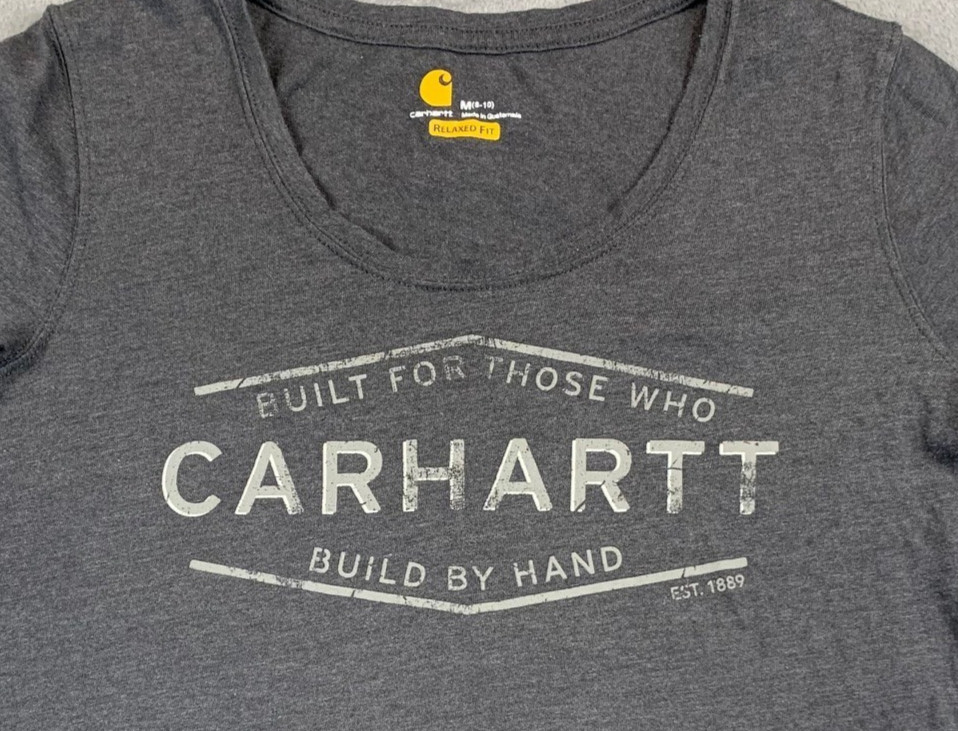 Carhartt Women M Relaxed Fit V-Neck Graphic Tee Built By Hand Gray Short Sleeve